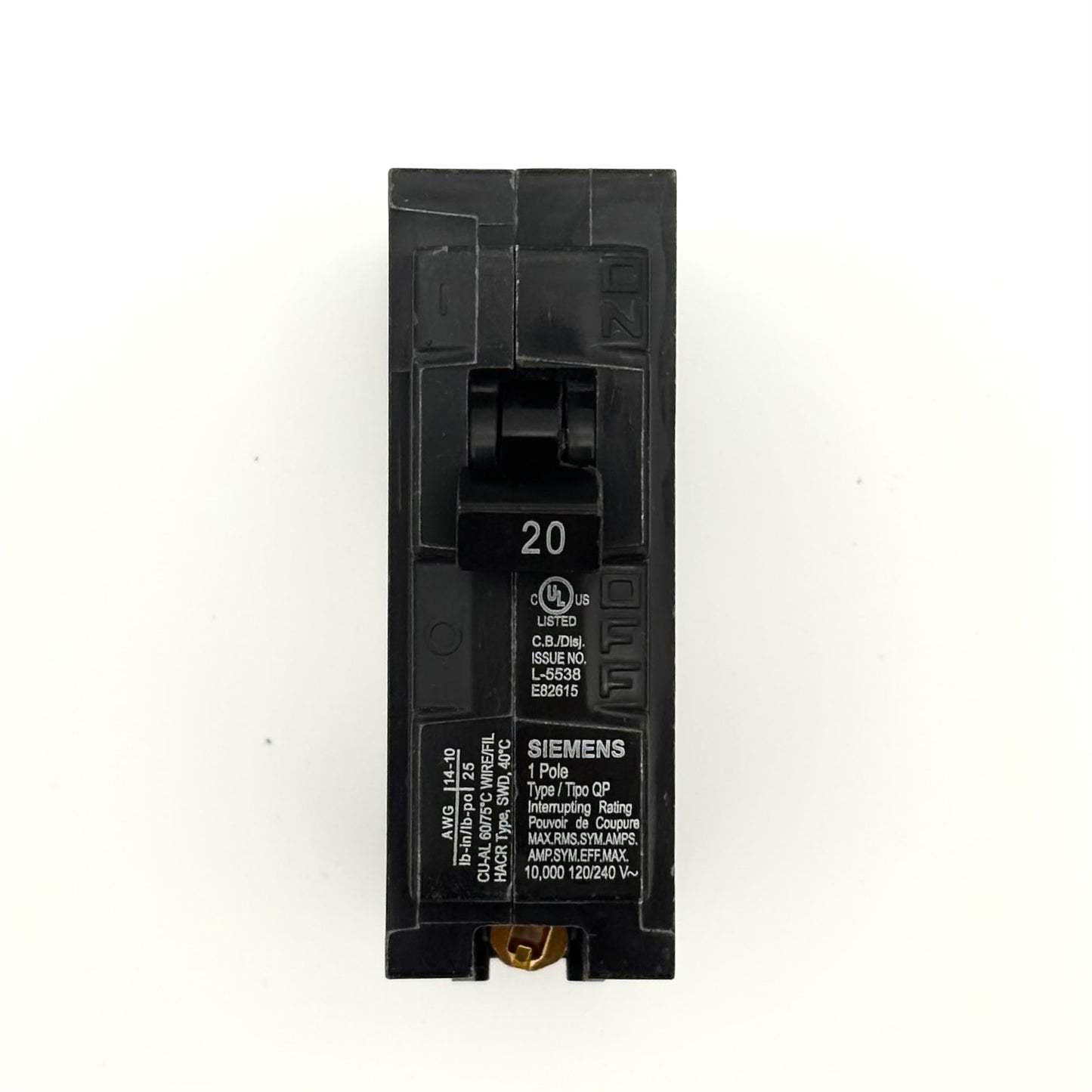 SIEMENS Q120 - 20AMP PLUG-IN 1 POLE 240V CIRCUIT BREAKER