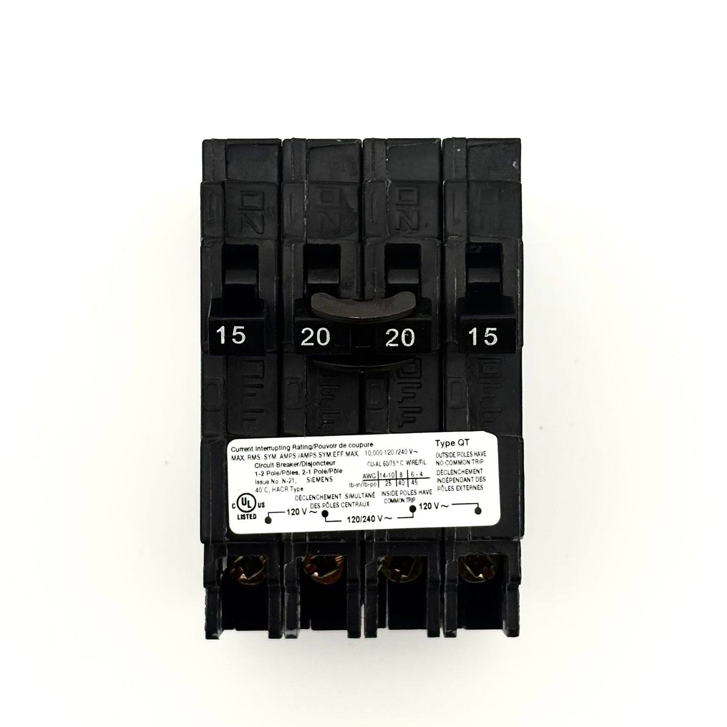 SIEMENS Q21520CTNC - 15/20/20/15AMP PLUG-IN 2 POLE 240V CIRCUIT BREAKER