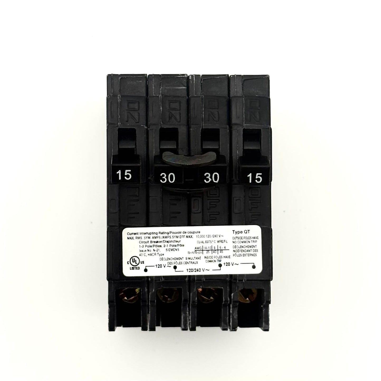 SIEMENS Q21530CTNC - 15/30/30/15AMP PLUG-IN 2 POLE 240V CIRCUIT BREAKER