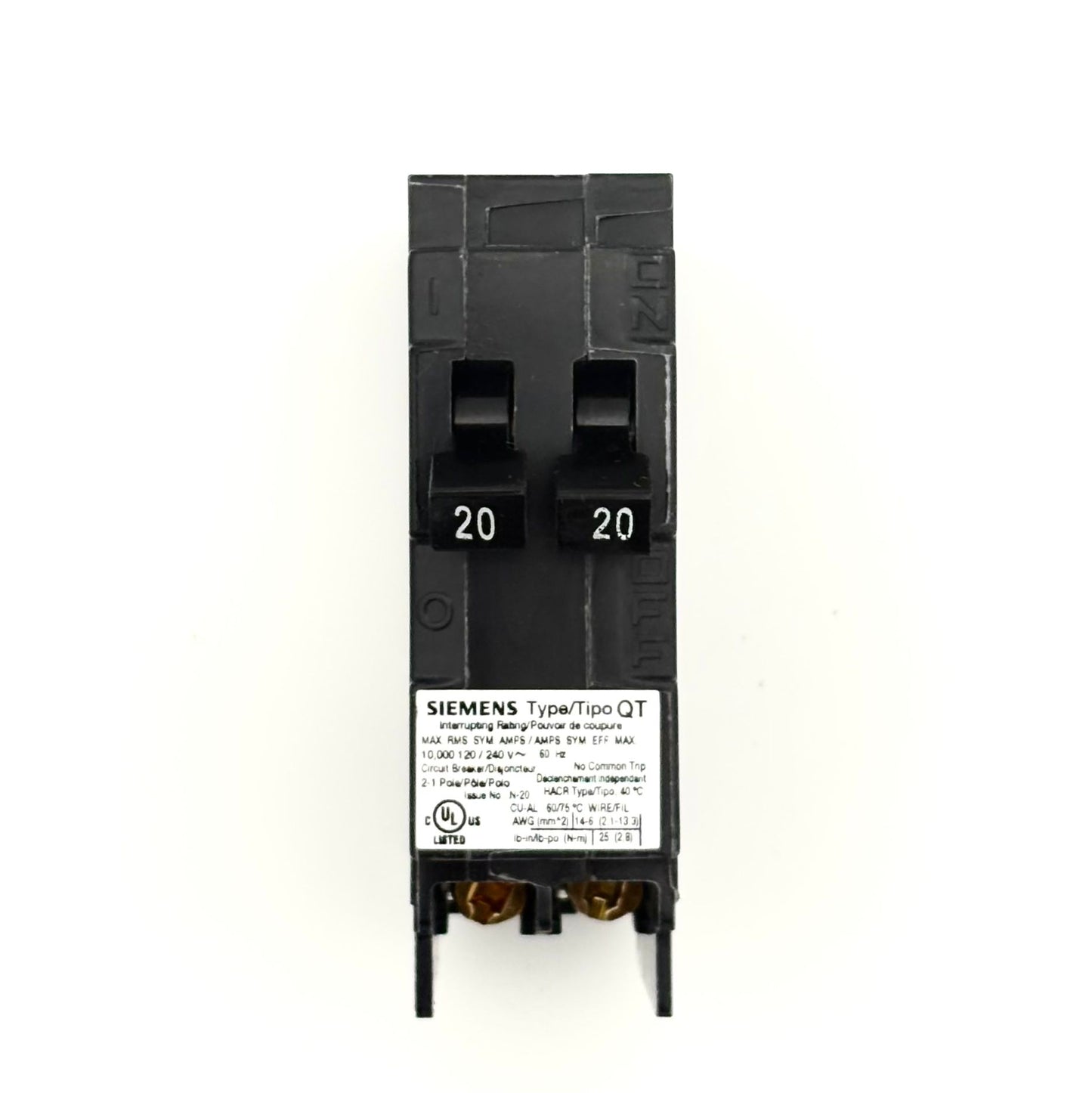 SIEMENS Q2020NC - 20/20AMP PLUG-IN 1 POLE 240V CIRCUIT BREAKER