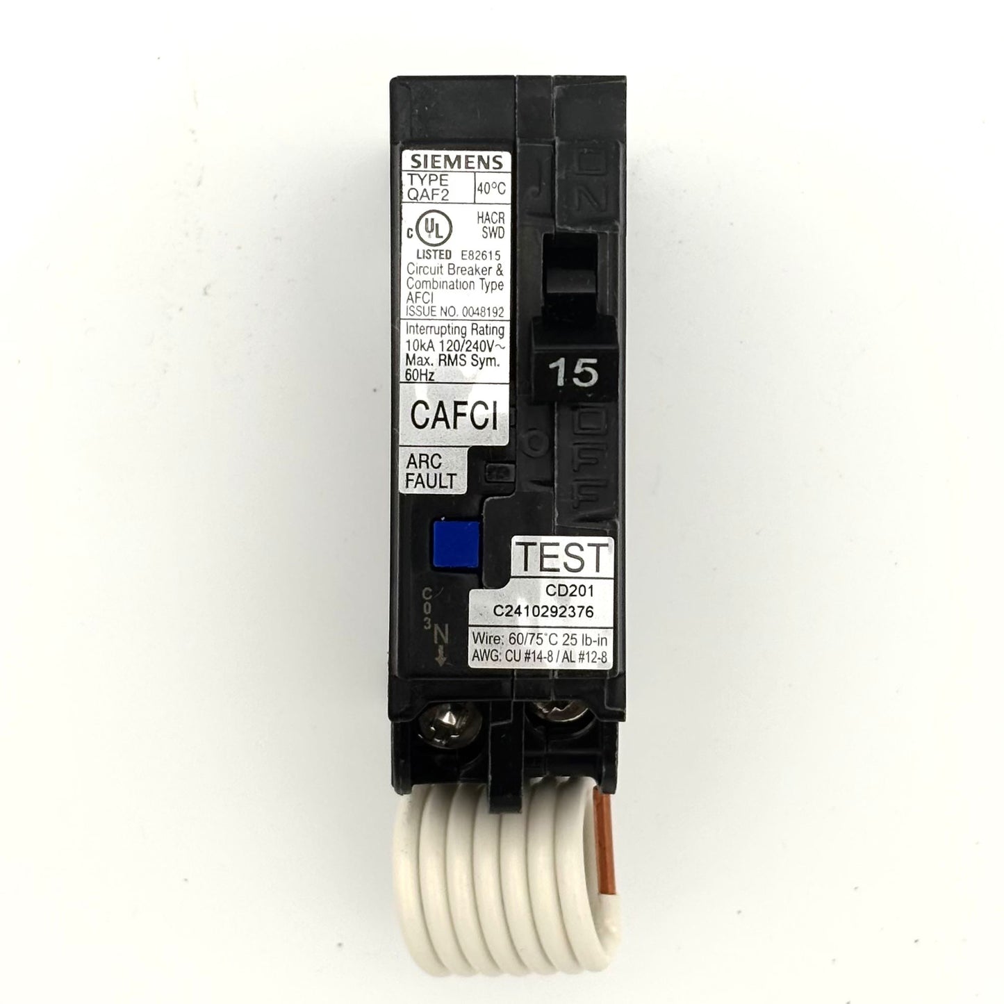SIEMENS QA115AFCCSA - 15AMP PLUG-IN 1 POLE 240V CIRCUIT BREAKER