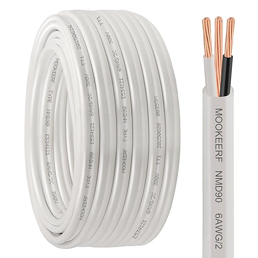 6/2 NMD 90 Electrical Wire with Ground - 50FT 6 AWG 2 Conductor NMD 90 Pure Copper Residential Indoor Wire for Outlets, Switches and Other Loads etc.